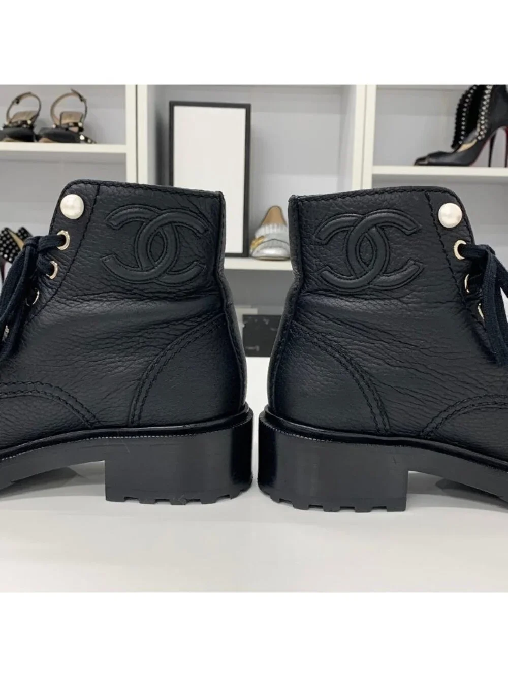 Chanel CC Logo Leather Pearl Lace-up Short Boots Black
